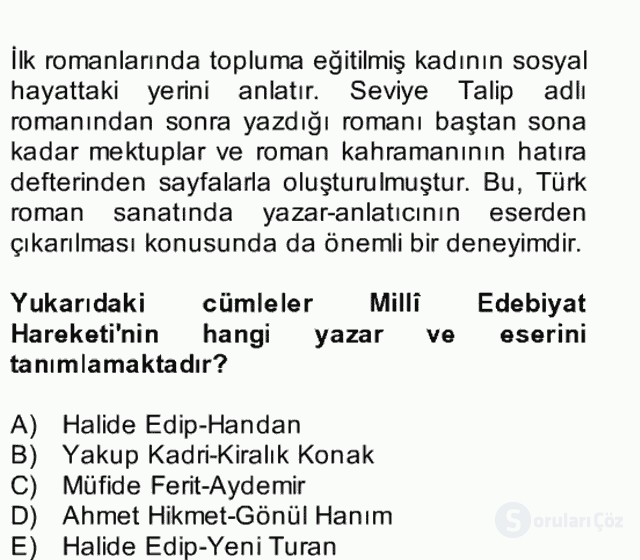 II. Meşrutiyet Dönemi Türk Edebiyatı Bütünleme 26. Soru