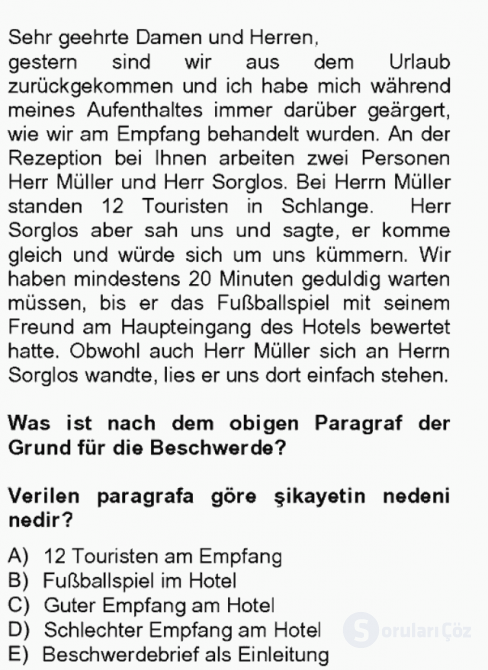 Turizm İçin Almanca II Bahar Final 19. Soru