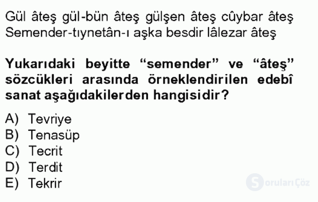 XVIII. Yüzyıl Türk Edebiyatı Tek Ders Sınavı 11. Soru