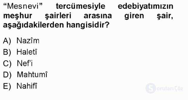 XVIII. Yüzyıl Türk Edebiyatı Tek Ders Sınavı 14. Soru
