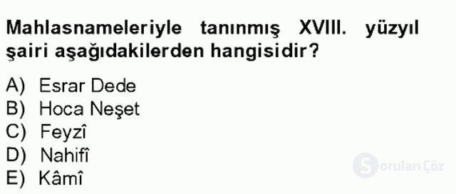 XVIII. Yüzyıl Türk Edebiyatı Tek Ders Sınavı 15. Soru