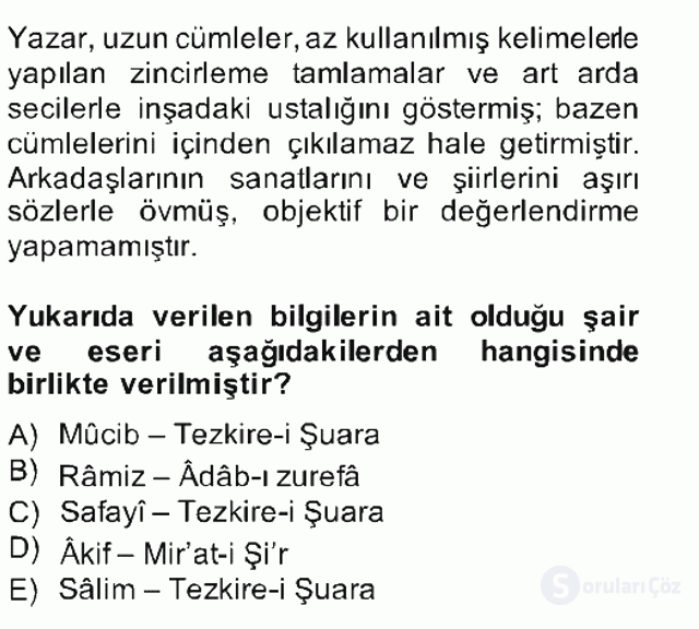 Eski Türk Edebiyatının Kaynaklarından Şair Tezkireleri Bahar Final 12. Soru
