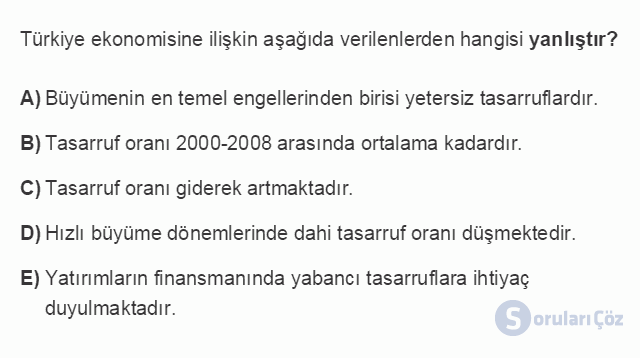 İKT402U 1. Ünite Türkiye Ekonomisinin Temel Özellikleri ve Dünya Ekonomisindeki Yeri Testi I 8. Soru