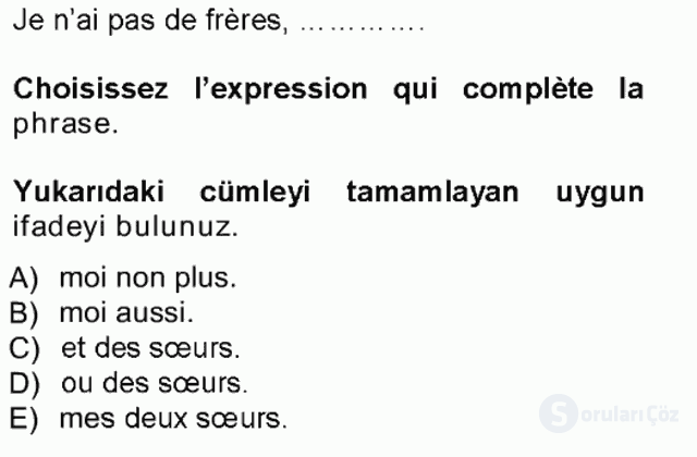 Fransızca I Tek Ders Sınavı 14. Soru