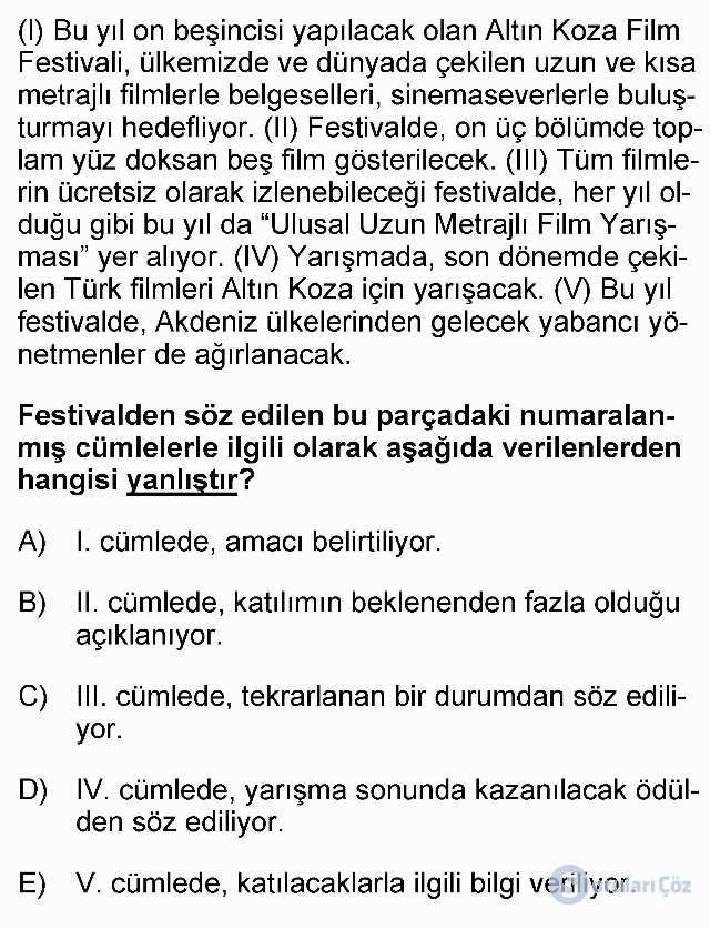 KPSS Önlisans Türkçe Soruları 9. Soru