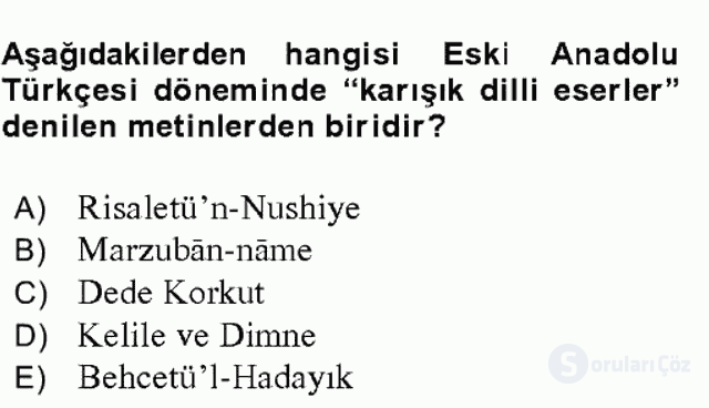 XIV-XV. Yüzyıllar Türk Dili Bahar Final 3. Soru