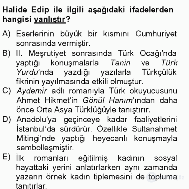 II. Meşrutiyet Dönemi Türk Edebiyatı Bahar Final 20. Soru
