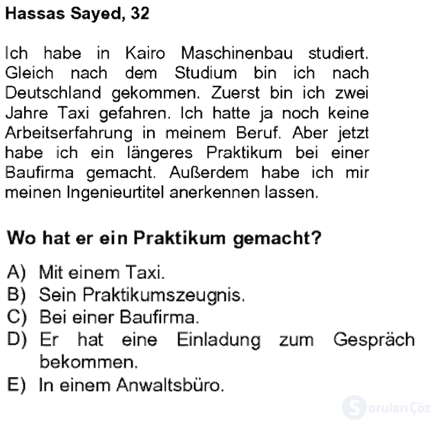 Almanca IV Tek Ders 19. Soru