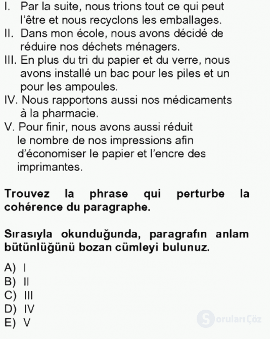 Fransızca IV Tek Ders 8. Soru