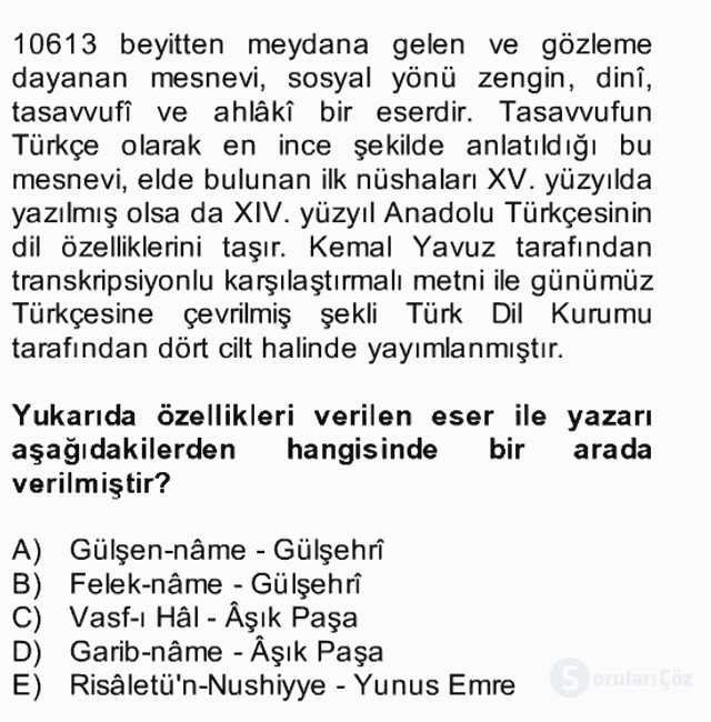 XIV-XV. Yüzyıllar Türk Edebiyatı Bütünleme 3. Soru