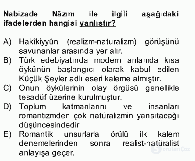 Tanzimat Dönemi Türk Edebiyatı II Bütünleme 9. Soru