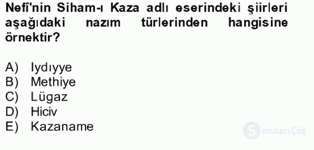 XVII. Yüzyıl Türk Edebiyatı Bütünleme 10. Soru