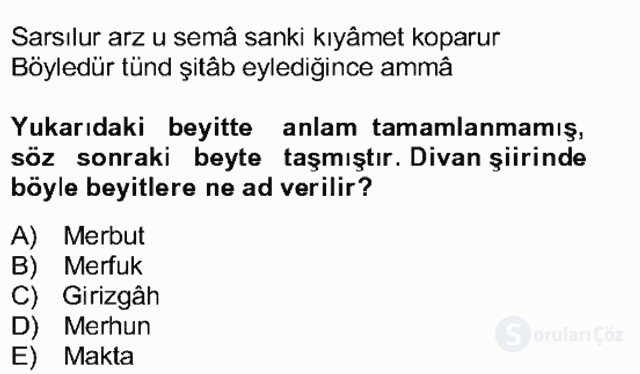XVII. Yüzyıl Türk Edebiyatı Bütünleme 12. Soru