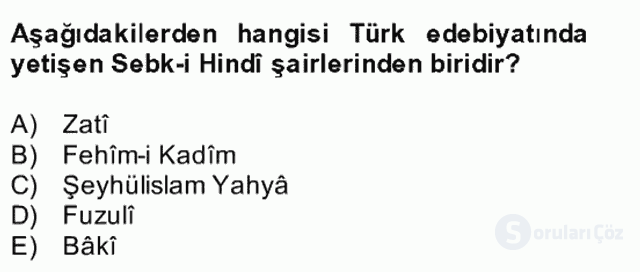 XVII. Yüzyıl Türk Edebiyatı Bütünleme 13. Soru