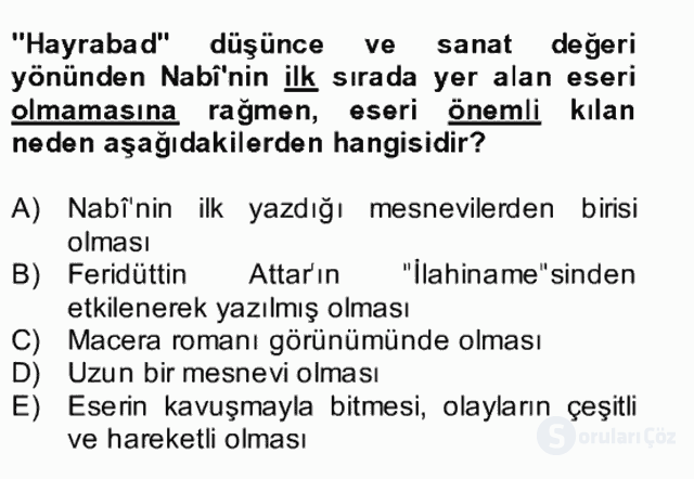 XVII. Yüzyıl Türk Edebiyatı Bütünleme 18. Soru