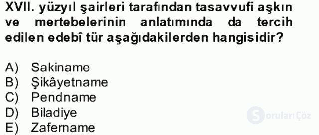 XVII. Yüzyıl Türk Edebiyatı Bütünleme 20. Soru