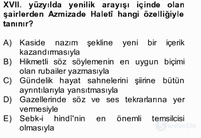 XVII. Yüzyıl Türk Edebiyatı Bütünleme 9. Soru